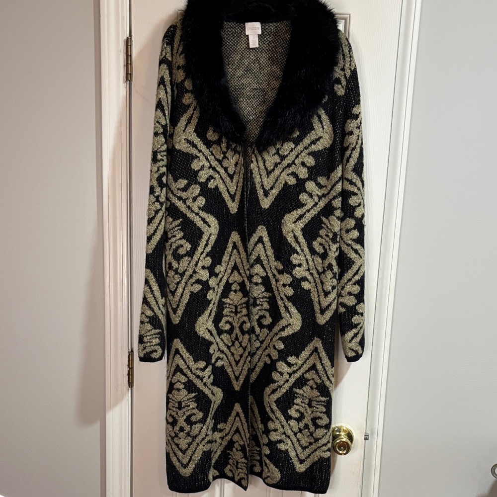 Chicos Stunning Black and Gold Patterned Women's Sweater Coat